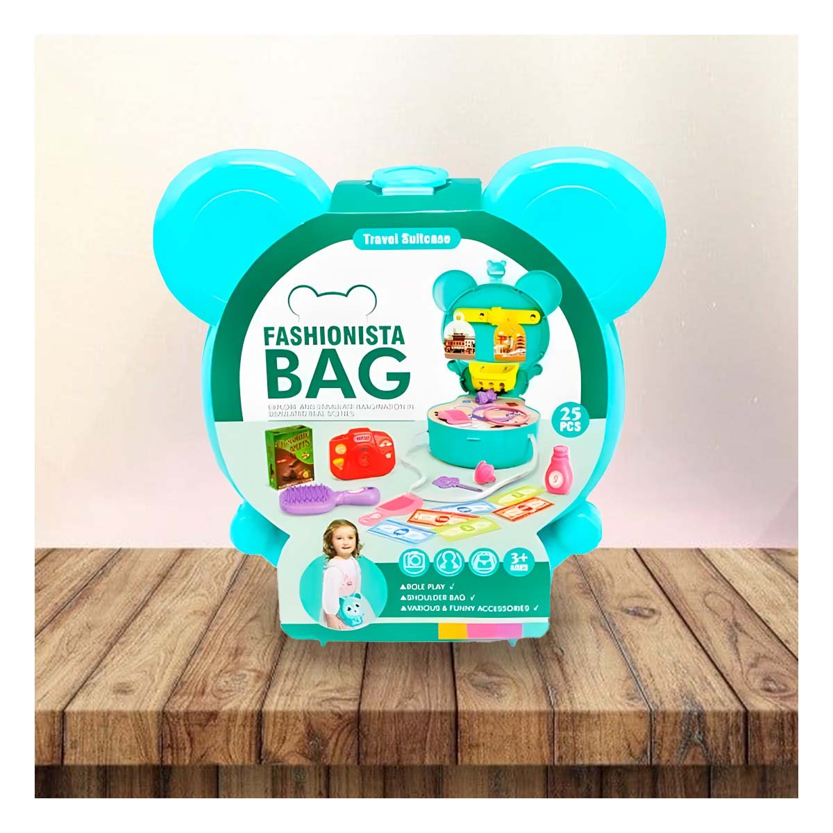 VALIJA INFANTIL OREJITAS TIPO MALETA DE VIAJE 25 PZS CELESTE CON ACCESORIOS YSTICKY - 3