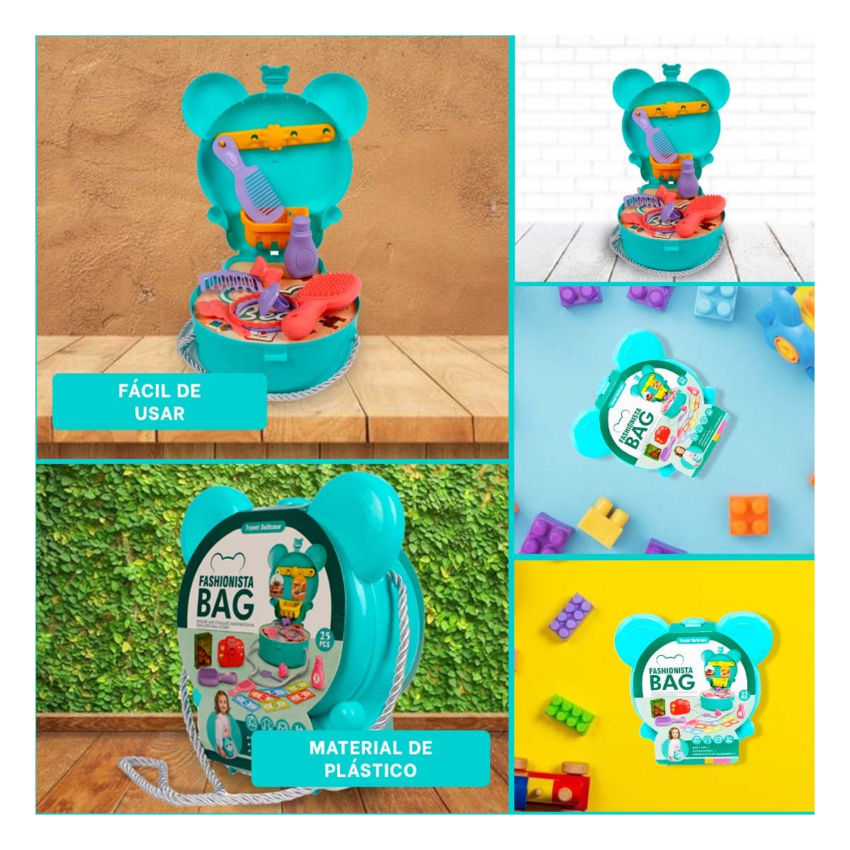VALIJA INFANTIL OREJITAS TIPO MALETA DE VIAJE 25 PZS CELESTE CON ACCESORIOS YSTICKY - 5