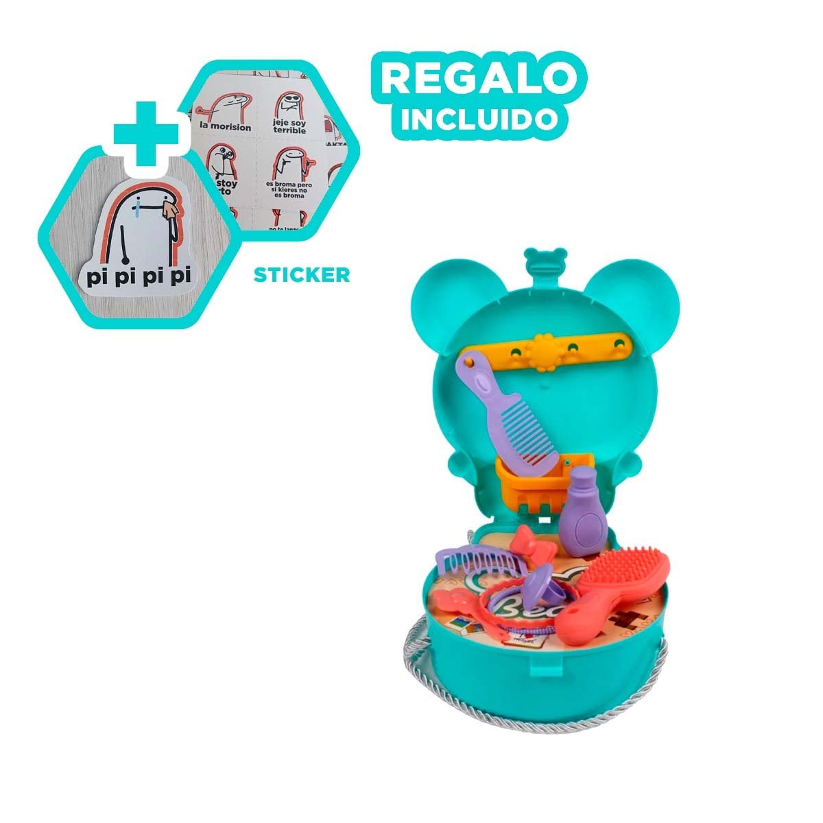 MALETIN INFANTIL OREJITAS ESTILO MALETA DE VIAJE 25 PZS CELESTE PARA JUEGO YREGALO STICKER - 1
