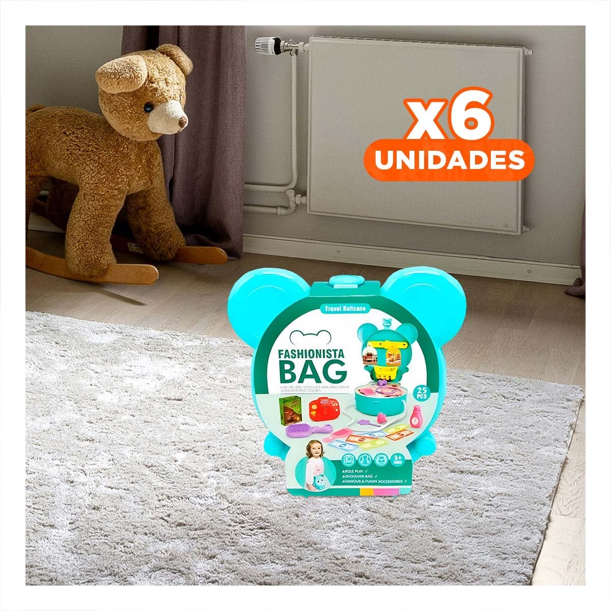 PACK6 PORTAMALETAS INFANTIL OREJITAS MALETA DE VIAJE 25 PZS CELESTE PARA JUEGO YREGALO STICKER - 1