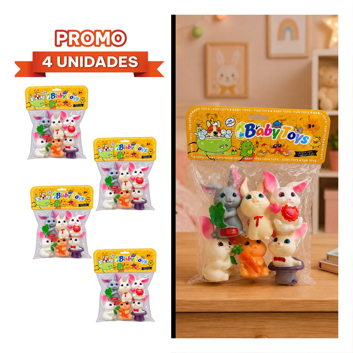 PACK4 KIT BOLSA ANIMALES CONEJOS 6PZ CHIRRIANTE MULTICOLOR CON ESTILO FINO - 1