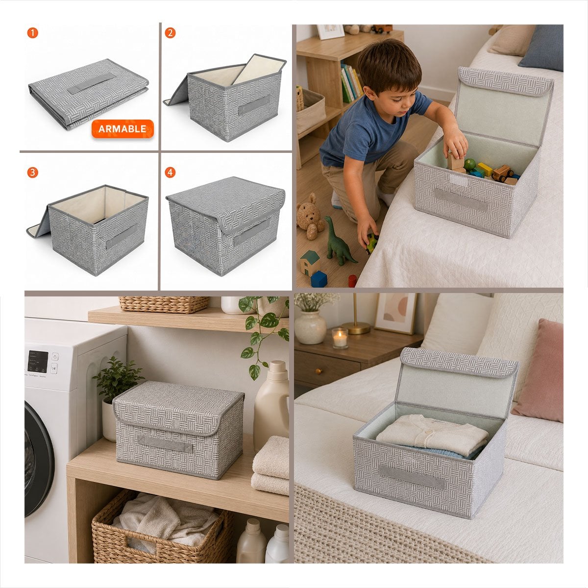 CONTENEDOR ORGANIZADOR DE TELA A CUADROS Y RAYAS MULTIUSO PARA CLOSET BEIGE Y REGALO STICKER - 3