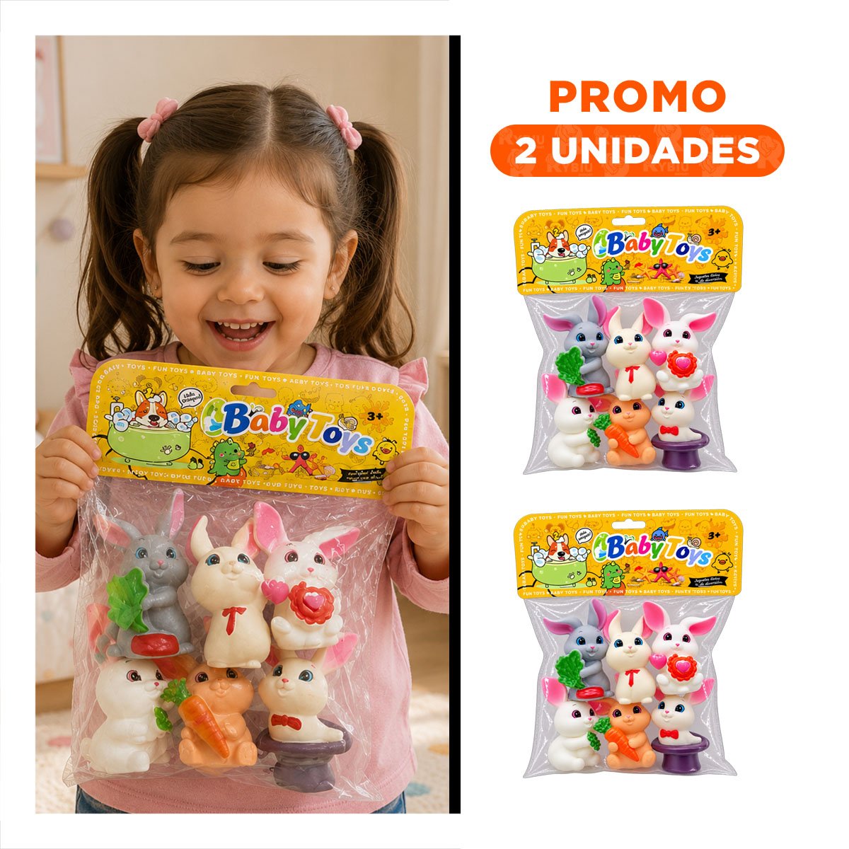 PACK2 KIT BOLSA ANIMALES CONEJOS 6PZ CHIRRIANTE MULTICOLOR PARA JUGAR EN CASA - 1