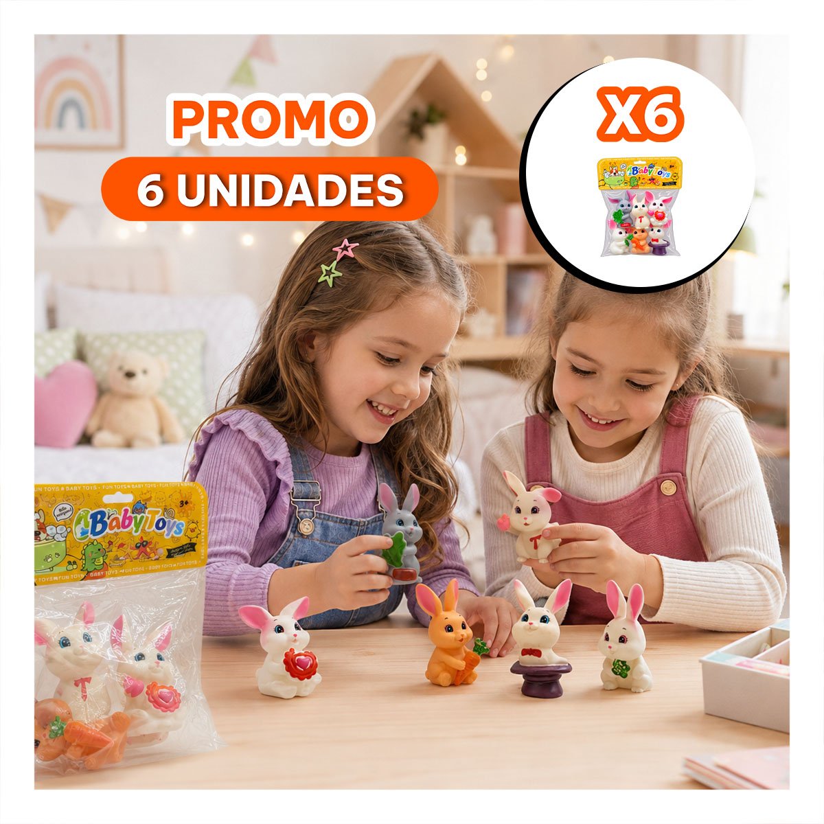 PACK6 SET BOLSA ANIMALES CONEJOS 6PZ CHIRRIANTE MULTICOLOR DE ESTILO ELEGANTE - 1