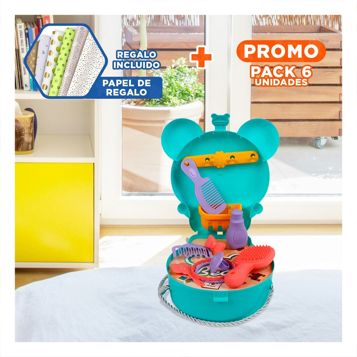 PACK6 ESTUCHE INFANTIL OREJITAS ESTILO MALETA DE VIAJE 25 PZS CELESTE PARA JUEGO YPAPEL REGALO - 1