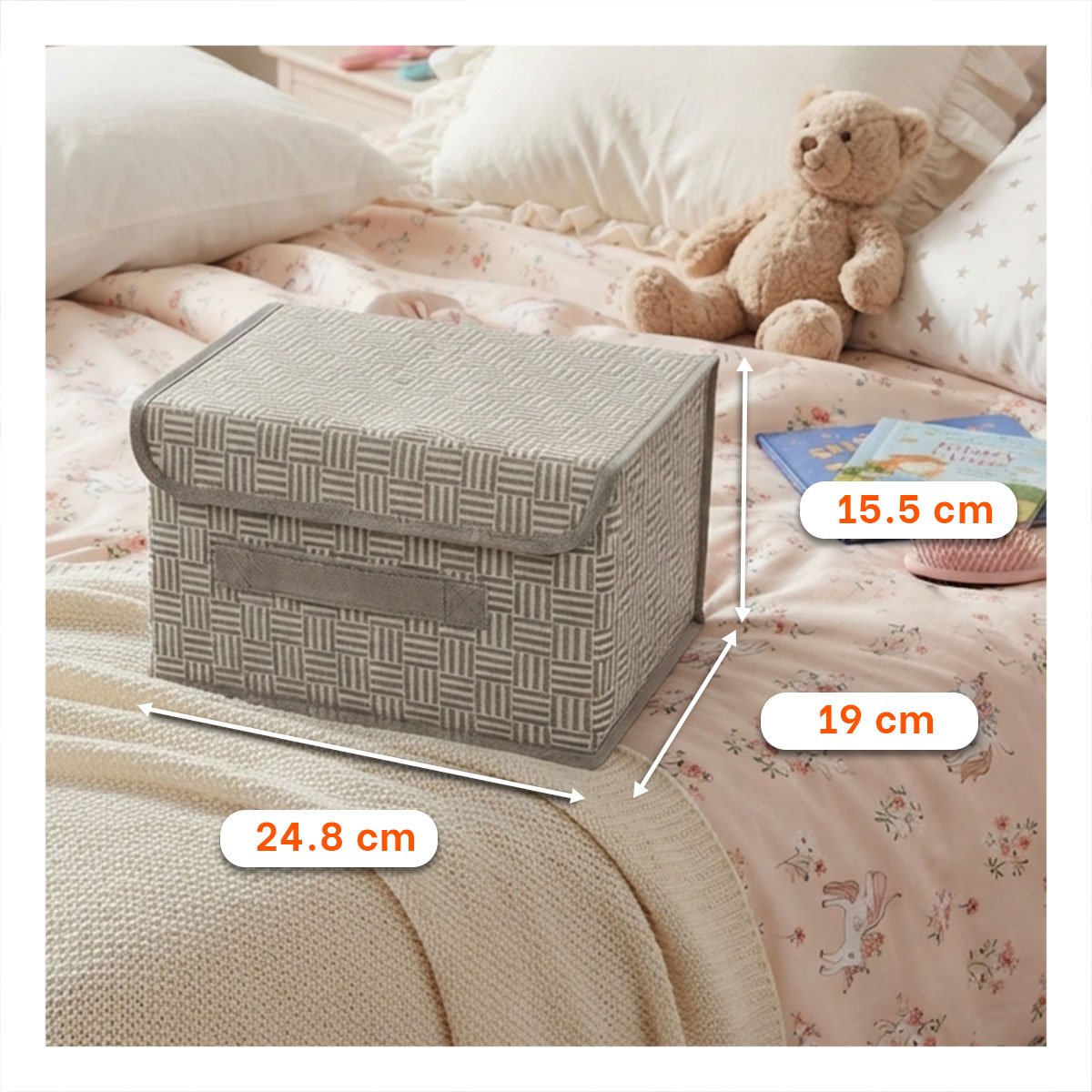 CAJA ORGANIZADORA DE TELA A CUADROS Y RAYAS PLEGABLE ESPACIO PEQUENO BEIGE - 2