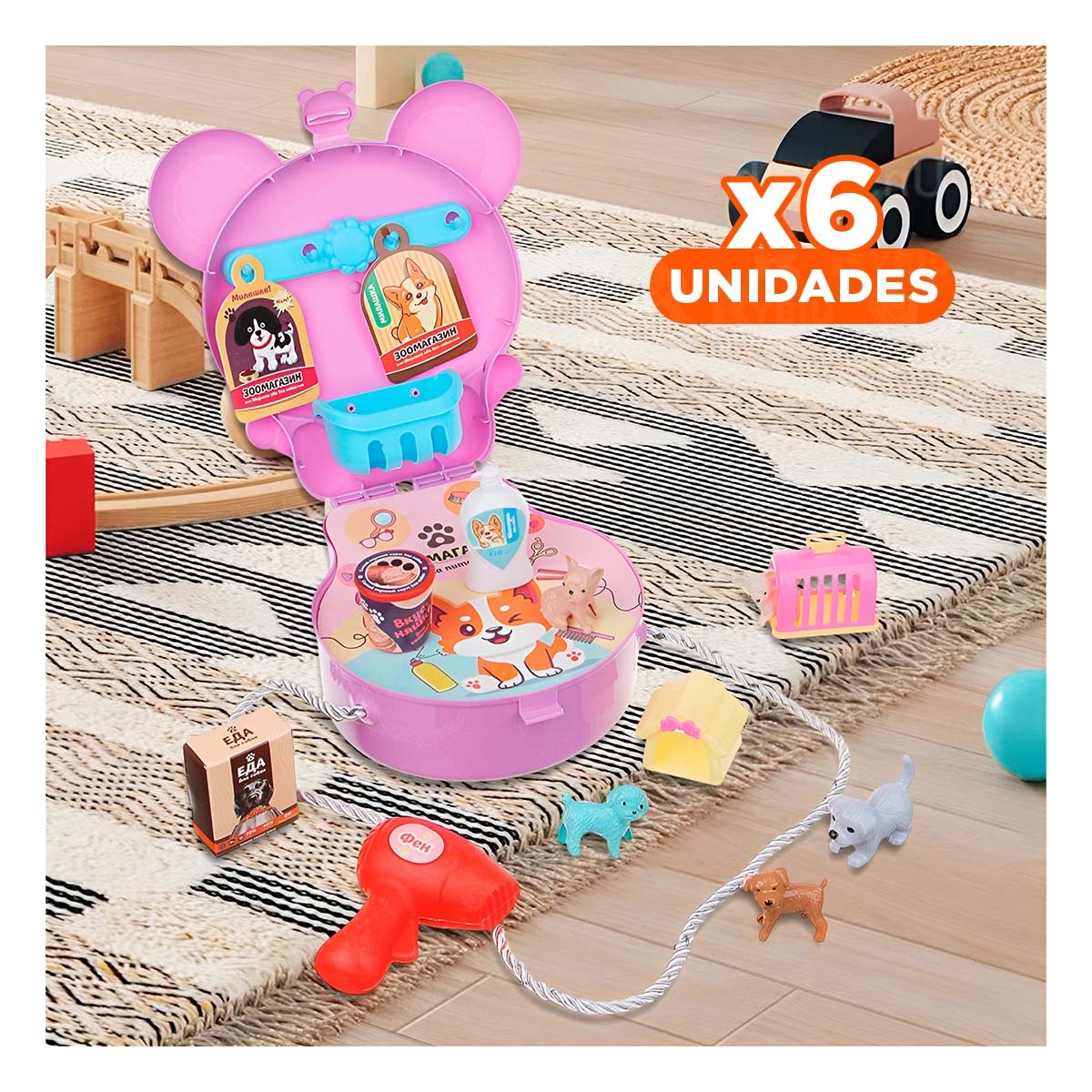 PACK6 CONTENEDOR OREJITAS PET SHOP 19 PZS MORADO CON ACCESORIOS INFANTILES YREGALO STICKER - 1