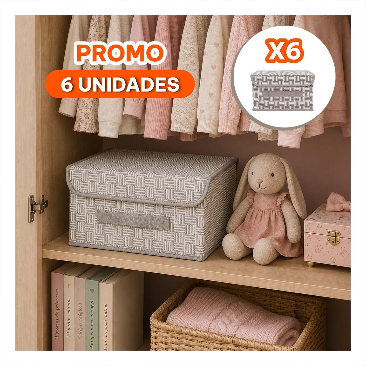 PACK6 CAJA ORGANIZADORA DE TELA A CUADROS Y RAYAS PLEGABLE CLOSET LIMPIO BEIGE YREGALO STICKER - 1