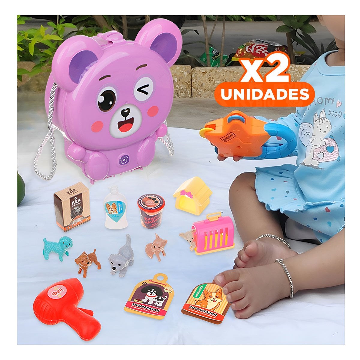 PACK2 MOCHILA OREJITAS PET SHOP 19 PZS MORADO PARA DIVERSION DE NINOS YREGALO STICKER - 1