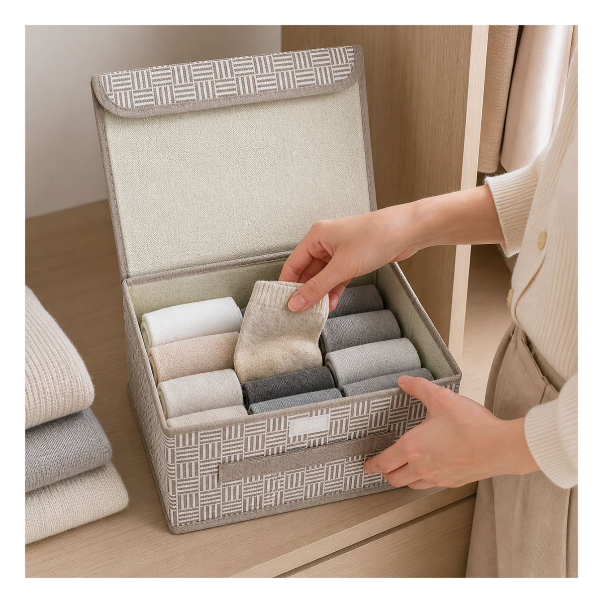 PACK4 CAJON ORGANIZADOR DE TELA A CUADROS Y RAYAS PLEGABLE ORGANIZAR ROPA BEIGE - 3