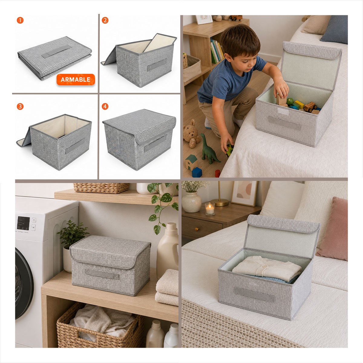 PACK4 CAJON ORGANIZADOR DE TELA A CUADROS Y RAYAS PLEGABLE ORGANIZAR ROPA BEIGE - 4