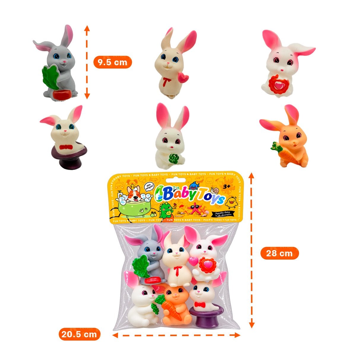 PAQUETE BOLSA ANIMALES CONEJOS 6PZ CHIRRIANTE MULTICOLOR PARA NINOS CASA Y PAPEL REGALO - 3