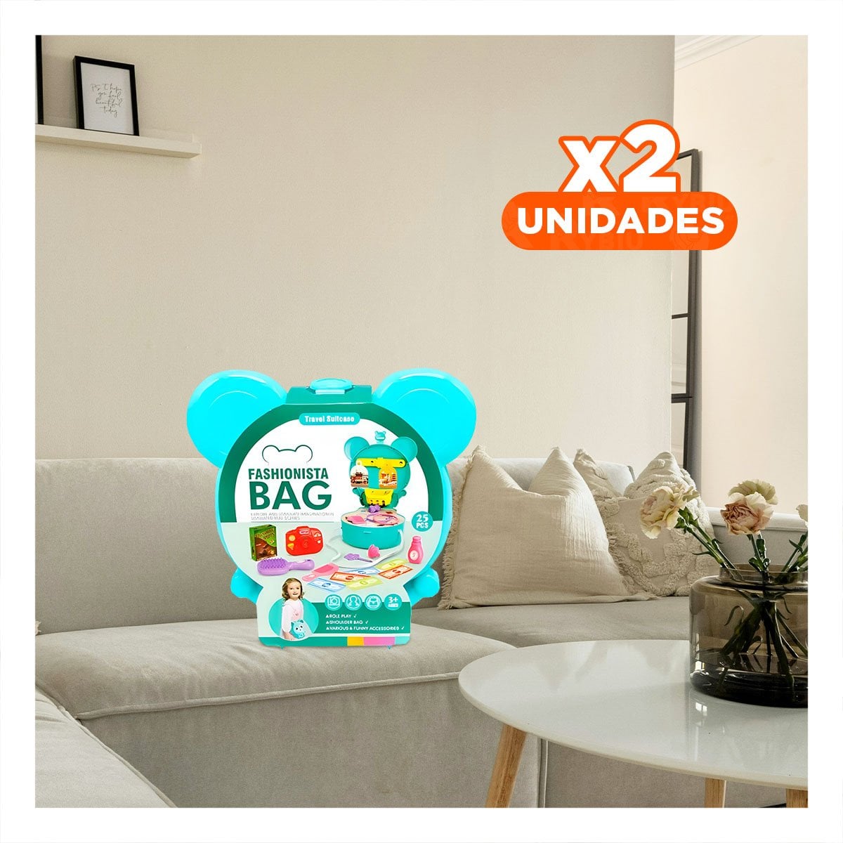 PACK2 VALIJA INFANTIL OREJITAS ESTILO MALETA DE VIAJE 25 PZS CELESTE YREGALO STICKER - 1
