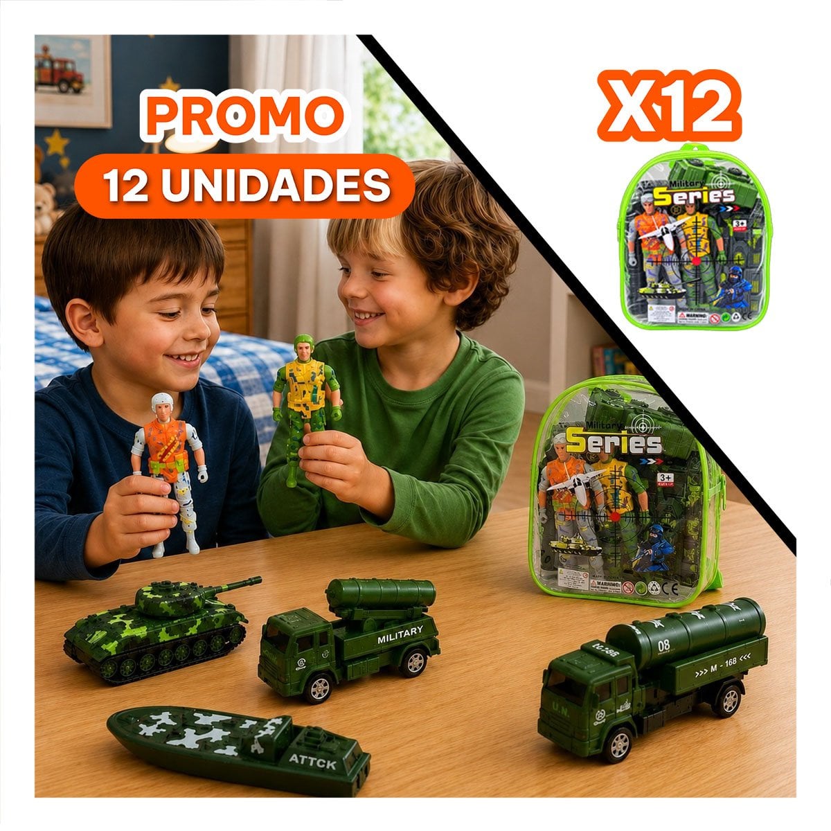 PACK12 SOLDADITOS EQUIPADO EN MOCHILA 6PZ VERDE COMODO PARA NINOS EN CASA - 1