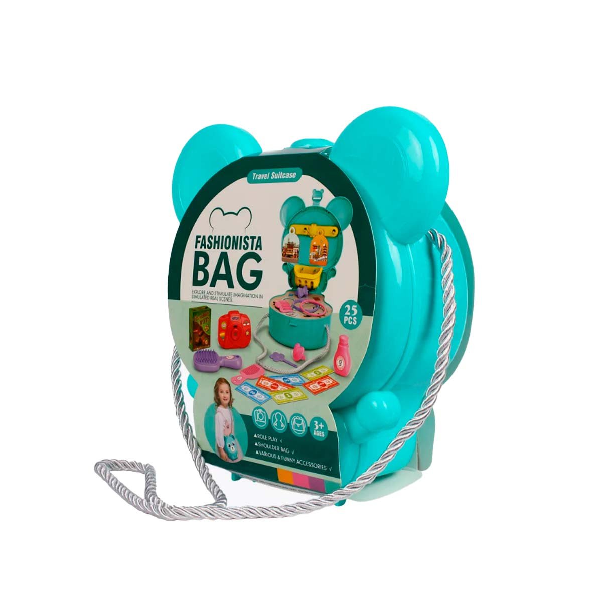 VALIJA INFANTIL OREJITAS MALETA DE VIAJE 25 PZS CELESTE PARA JUEGO IMAGINATIVO YLIGAS REGALO - 3