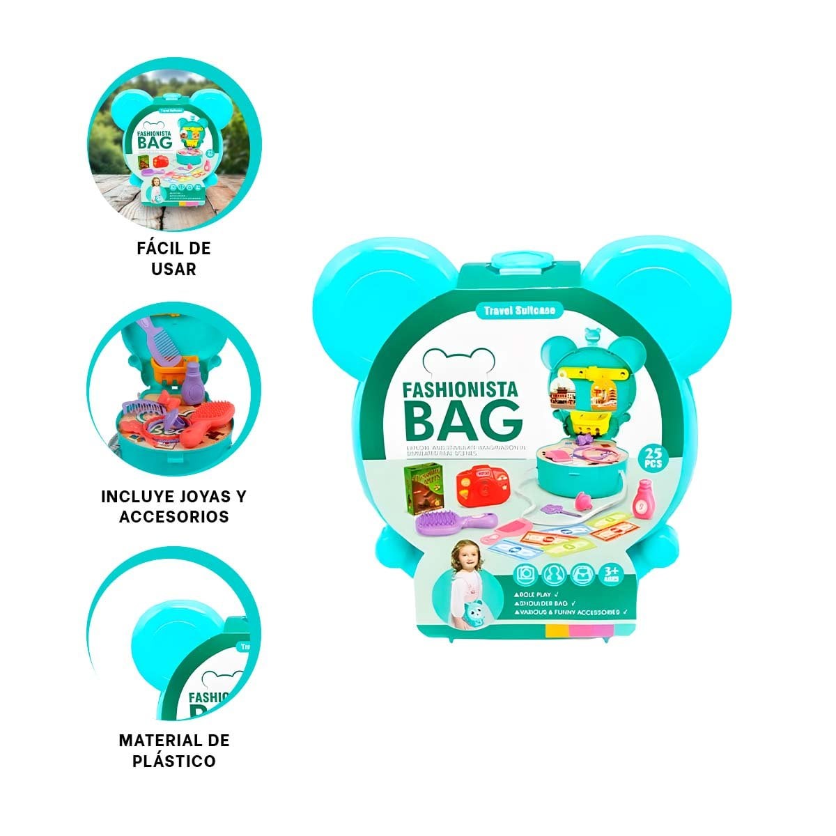 MALETIN INFANTIL OREJITAS MALETA DE VIAJE 25 PZS CELESTE PARA NINOS - 3