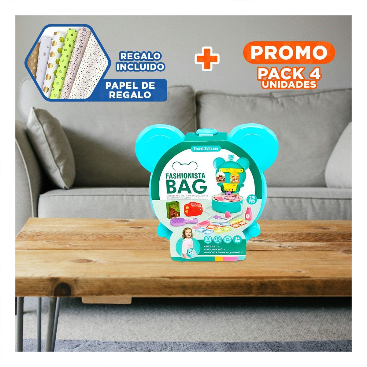 PACK4 ESTUCHE INFANTIL OREJITAS TIPO MALETA DE VIAJE 25 PZS CELESTE YPAPEL REGALO - 1