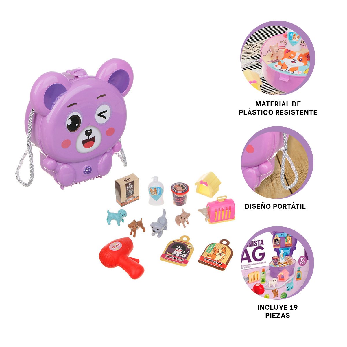 ESTUCHE OREJITAS PET SHOP 19 PZS MORADO CON PIEZAS CREATIVAS PRA JUEGOS - 3