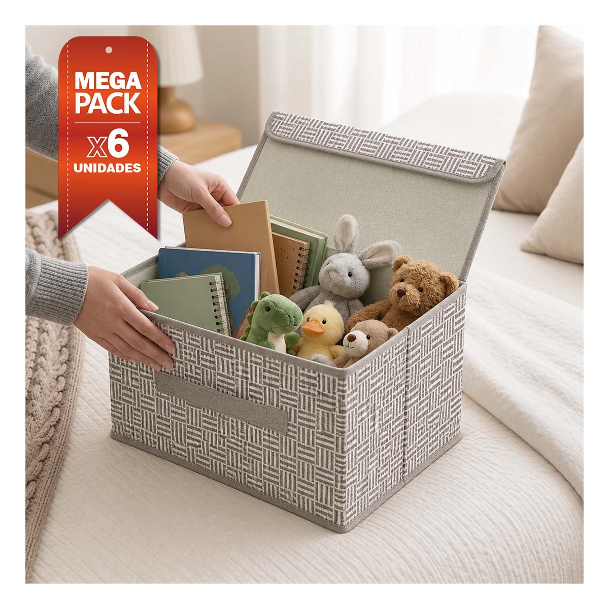 PACK6 CAJON ORGANIZADOR DE TELA A CUADROS Y RAYAS GUARDAR COSAS FACIL BEIGE YPAPEL REGALO - 1