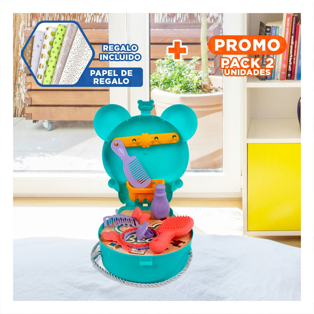 PACK2 VALIJA INFANTIL OREJITAS MALETA DE VIAJE 25 PZS CELESTE PARA JUEGO YPAPEL REGALO - 1