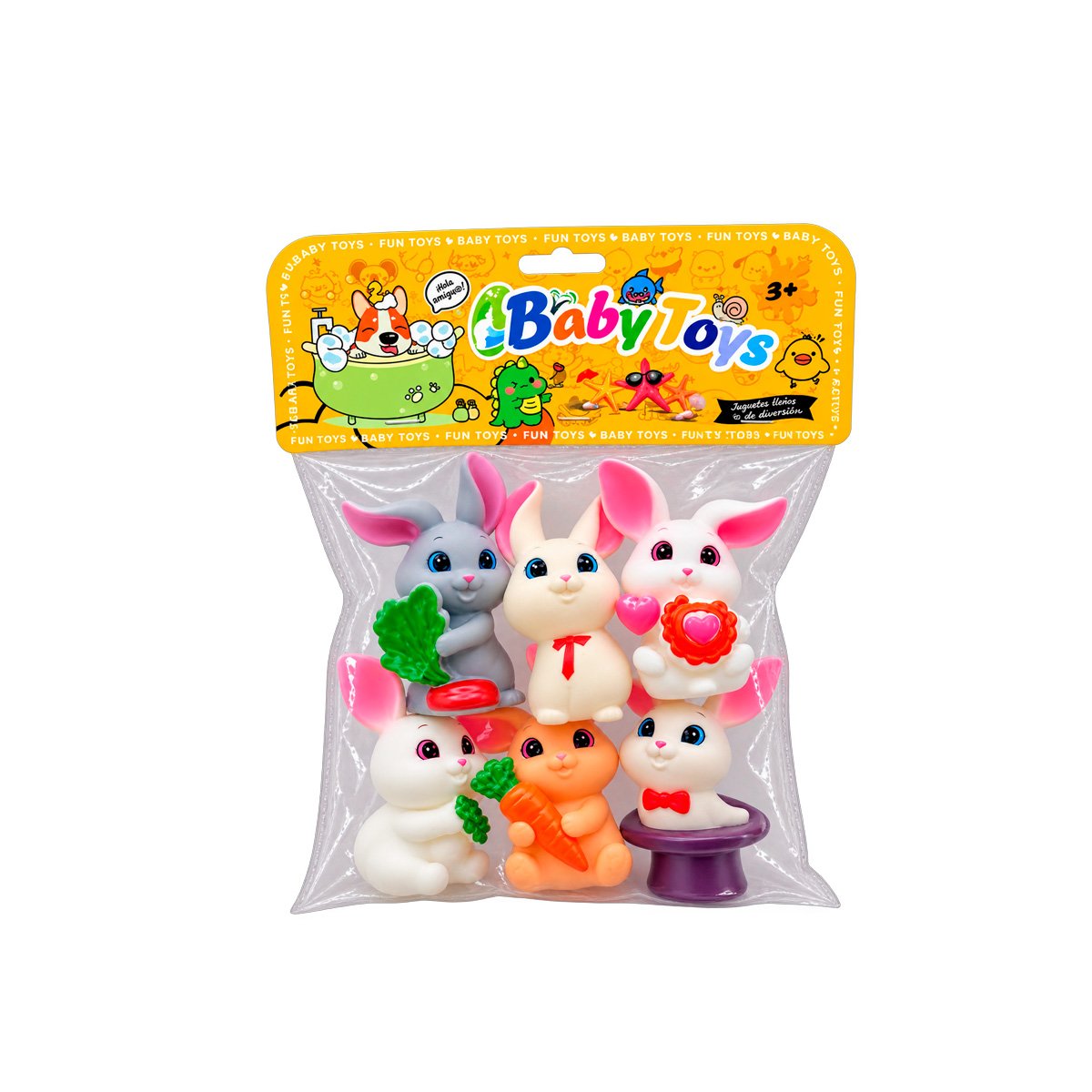 ESTUCHE BOLSA ANIMALES CONEJOS 6PZ CHIRRIANTE MULTICOLOR PARA JUGAR Y STICKY - 1
