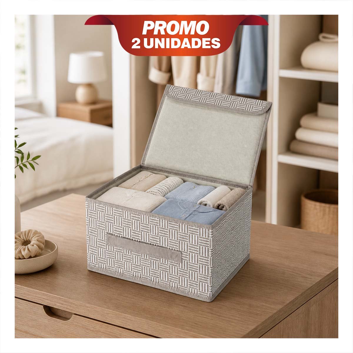 PACK2 CONTENEDOR ORGANIZADOR DE TELA A CUADROS Y RAYAS GUARDAR COSAS ROPA BEIGE YPAPEL REGALO - 1