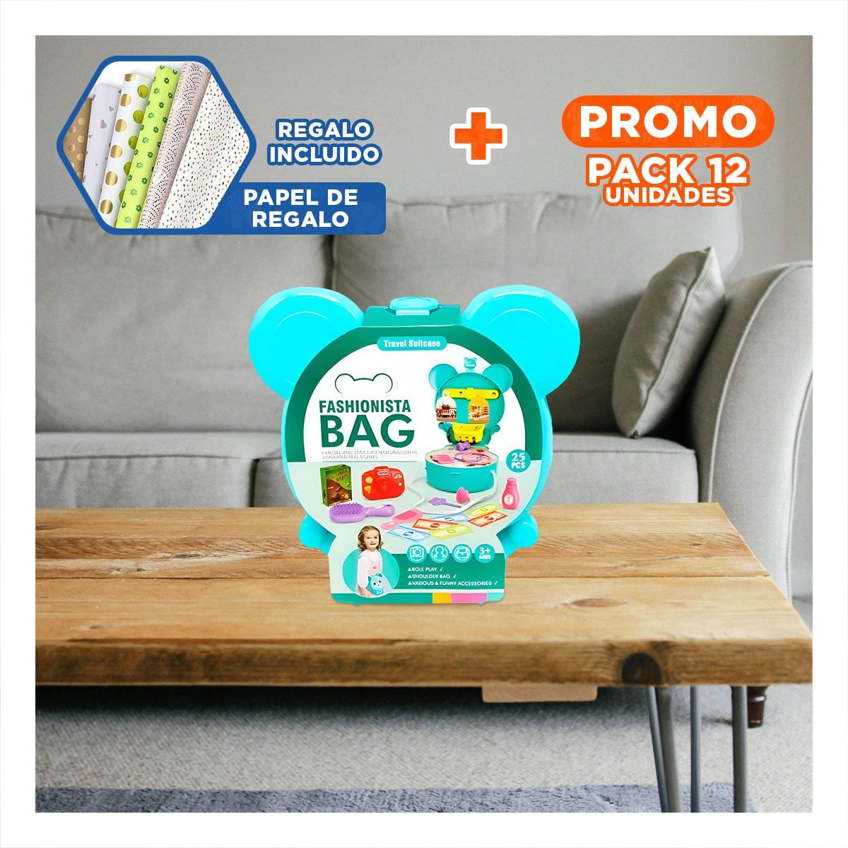 PACK12 PORTAMALETAS INFANTIL OREJITAS MALETA DE VIAJE 25 PZS CELESTE PARA NINOS YPAPEL REGALO - 1