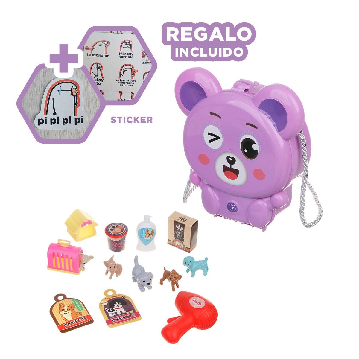 ESTUCHE OREJITAS PET SHOP 19 PZS MORADO PARA NINOS Y JUEGO IMAGINATIVO YREGALO STICKER - 1