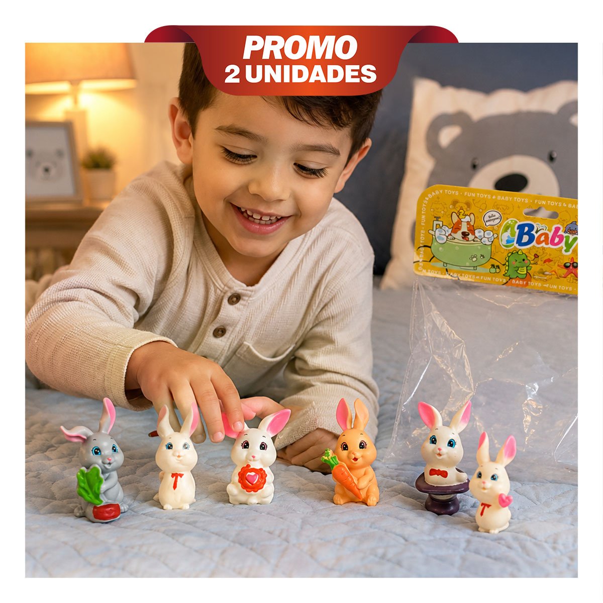 PACK2 PAQUETE BOLSA ANIMALES CONEJOS 6PZ CHIRRIANTE MULTICOLOR CON ESTILO UNICO YREGALO STICKER - 1