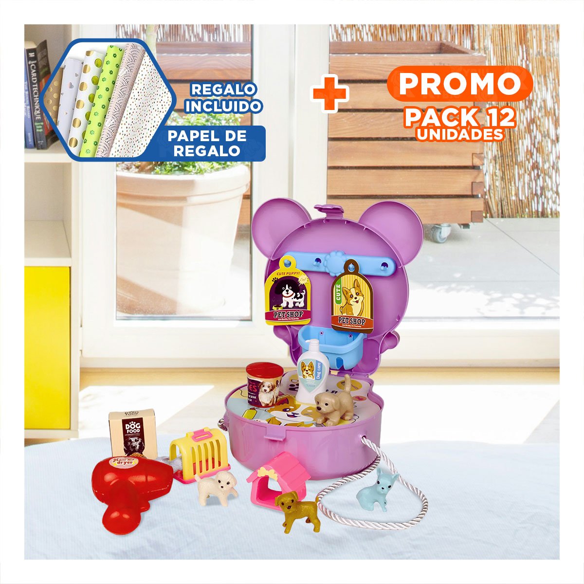 PACK12 CONTENEDOR OREJITAS PET SHOP 19 PZS MORADO CON PIEZAS DE MASCOTAS YPAPEL REGALO - 1