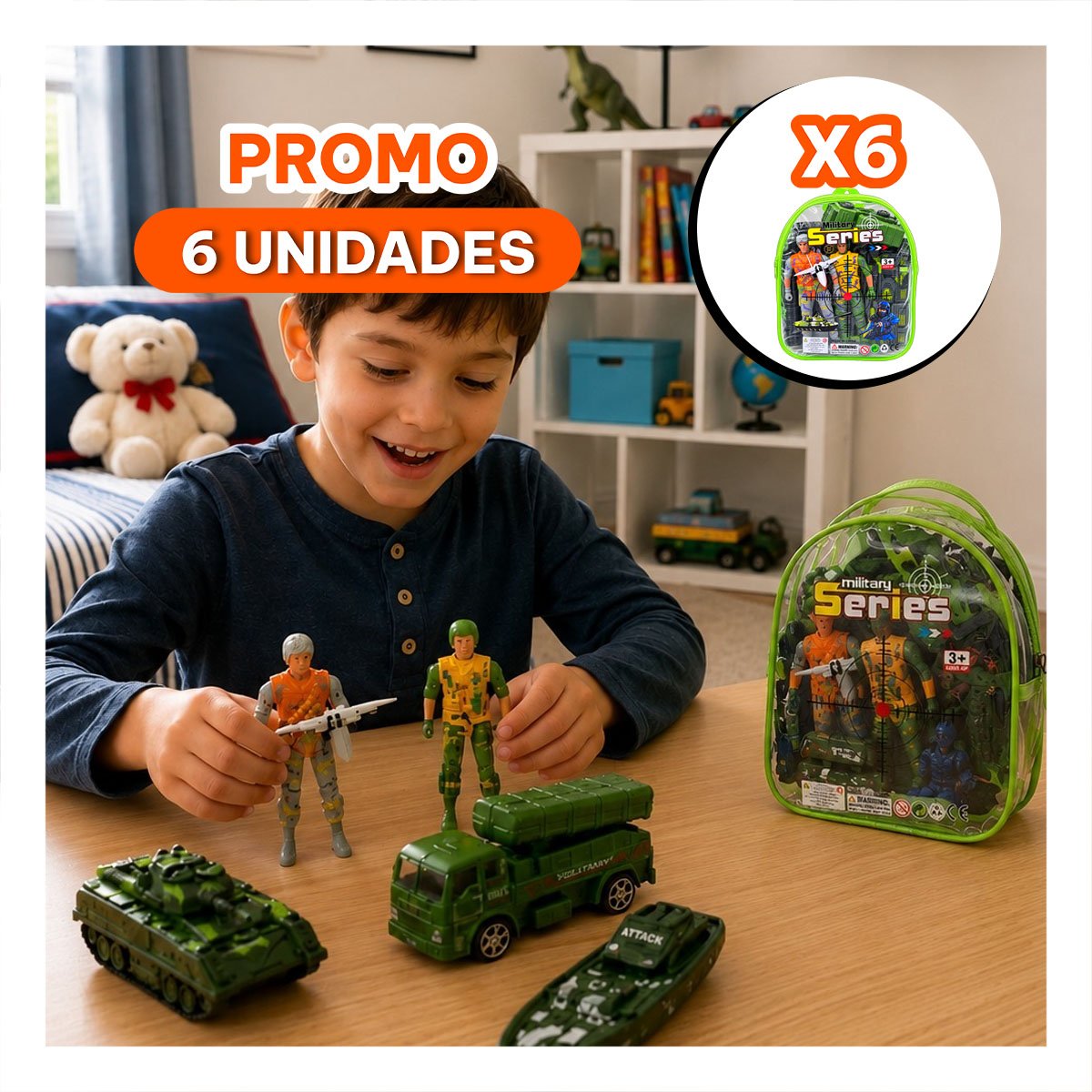 PACK6 FIGURAS EQUIPADO EN MOCHILA 6PZ VERDE DE DISENO UNICO PARA EL HOGAR - 1