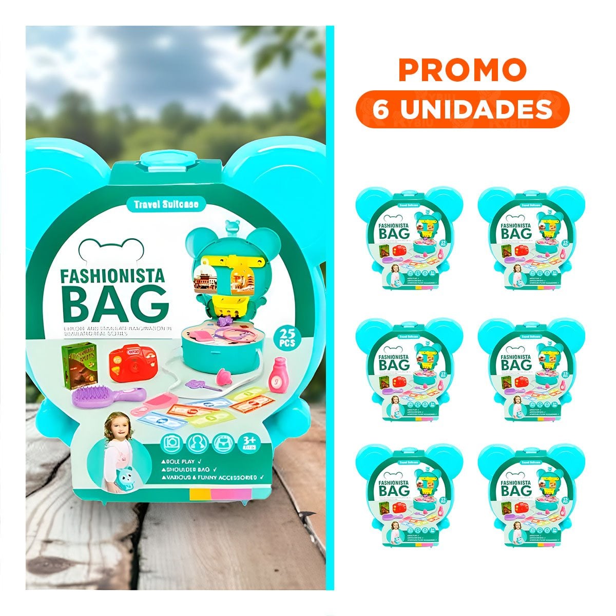 PACK6 ESTUCHE INFANTIL OREJITAS MALETA DE VIAJE 25 PZS CELESTE CON PIEZAS DIDACTICAS - 1