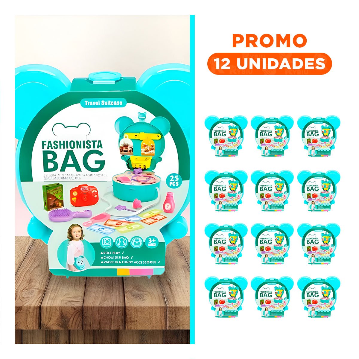 PACK12 PORTAMALETAS INFANTIL OREJITAS MALETA DE VIAJE 25 PZS CELESTE YREGALO STICKER - 1