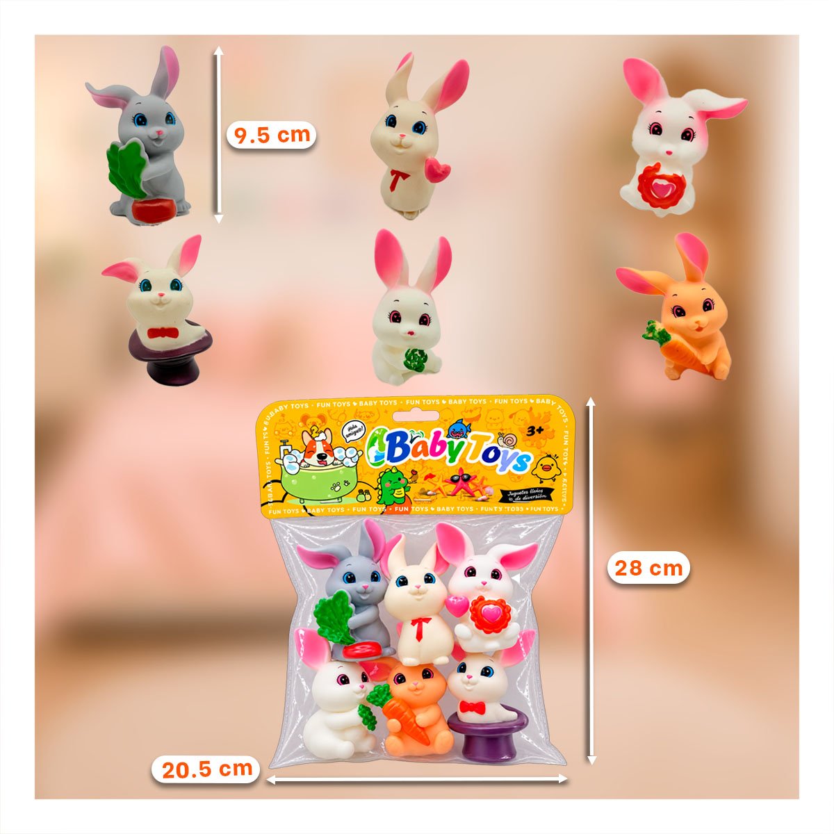 JUEGO BOLSA ANIMALES CONEJOS 6PZ CHIRRIANTE MULTICOLOR PARA JUGAR EN CASA Y LIGAS REGALO - 3