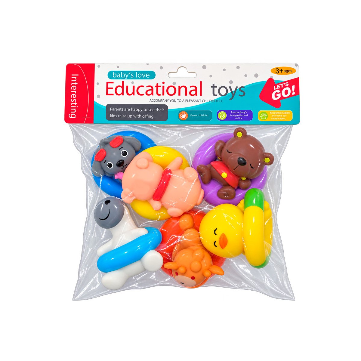 ESTUCHE BOLSA ANIMALES FLOTANTES 6 PIEZAS CHIRRIANTE MULTICOLOR Y STICKY - 1