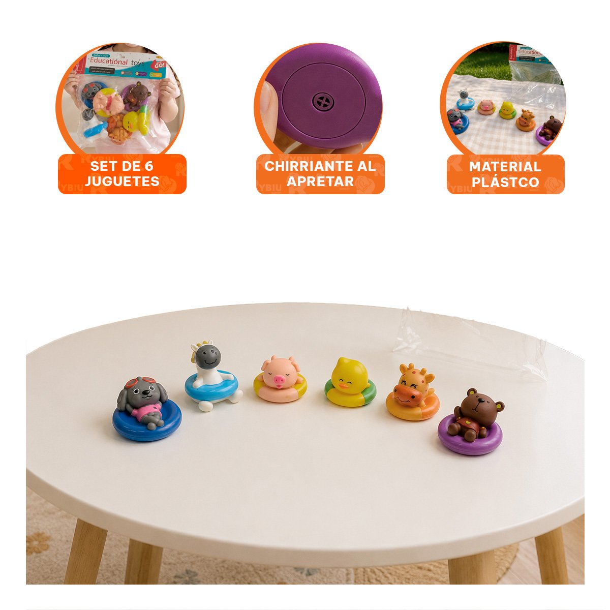 ESTUCHE BOLSA ANIMALES FLOTANTES 6 PIEZAS CHIRRIANTE MULTICOLOR Y STICKY - 4