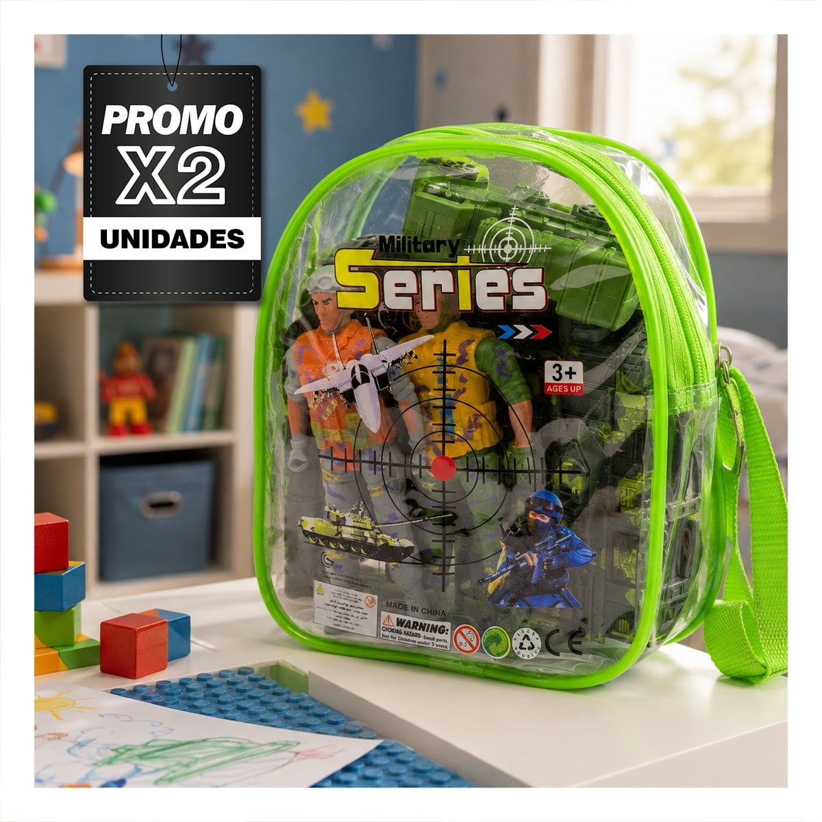 PACK2 SOLDADITOS EQUIPADO EN MOCHILA 6PZ VERDE CON ESTILO UNICO PARA CASA YPAPEL REGALO - 1