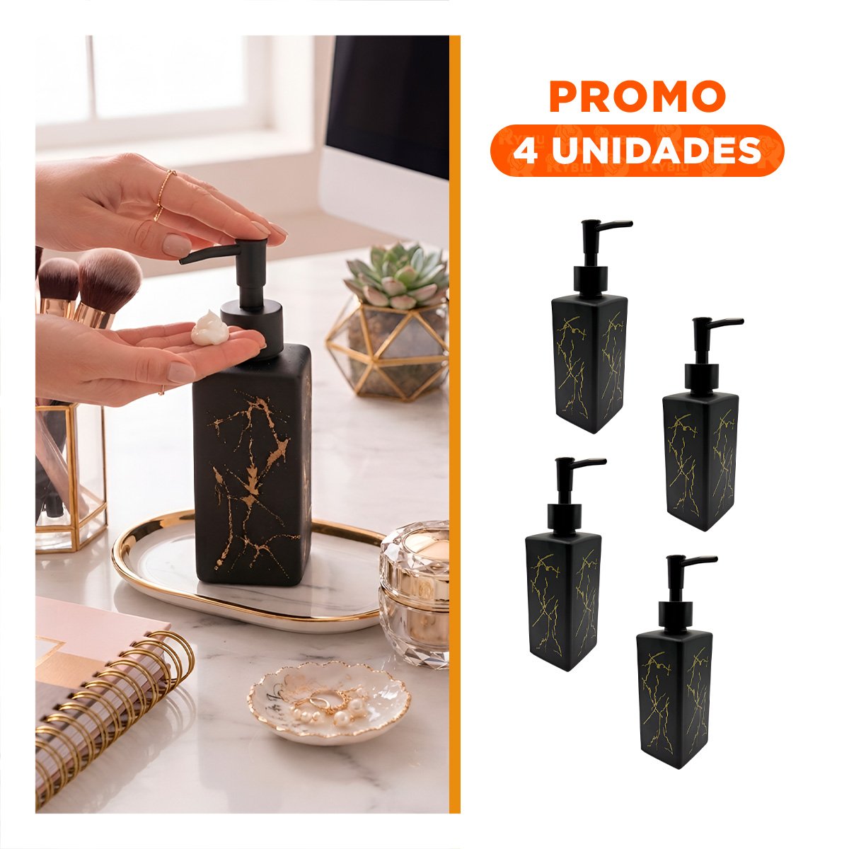 PACK4 DISPENSADOR MULTIUSO RECTANGULAR NEGRO CON ACABADO DORADO 20,5X5,8 CM YREGALO STICKER - 1