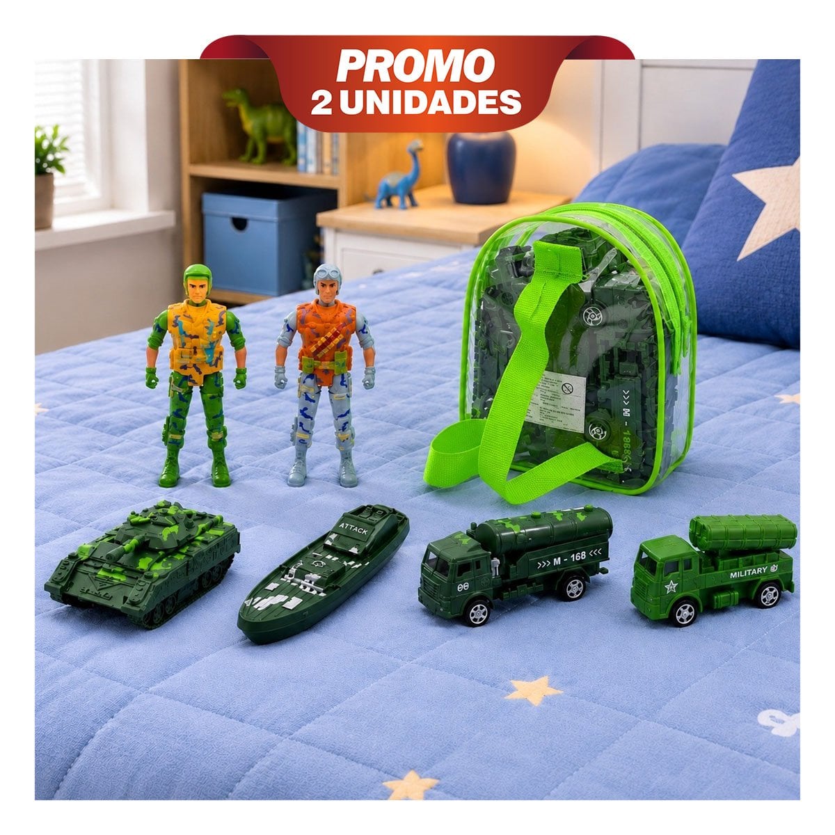 PACK2 MUÑECOS EQUIPADO EN MOCHILA 6PZ VERDE CON ESTILO FINO PARA LA CASA YREGALO STICKER - 1