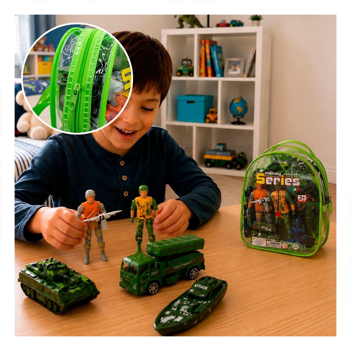 JUGUETES EQUIPADO EN MOCHILA 6PZ VERDE DE PLASTICO PARA JUGAR CASA Y REGALO STICKER - 1