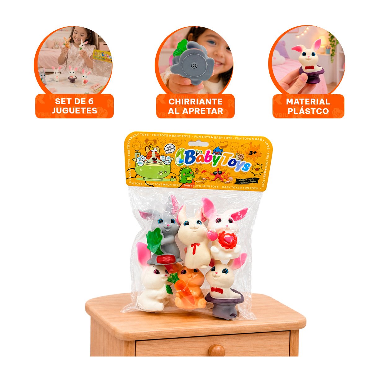 SET BOLSA ANIMALES CONEJOS 6PZ CHIRRIANTE MULTICOLOR PARA JUGAR EN CASA Y REGALO STICKER - 4