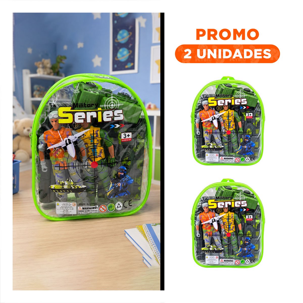 PACK2 JUGUETES EQUIPADO EN MOCHILA 6 PIEZAS VERDE CON ESTILO FINO PARA LA CASA - 1