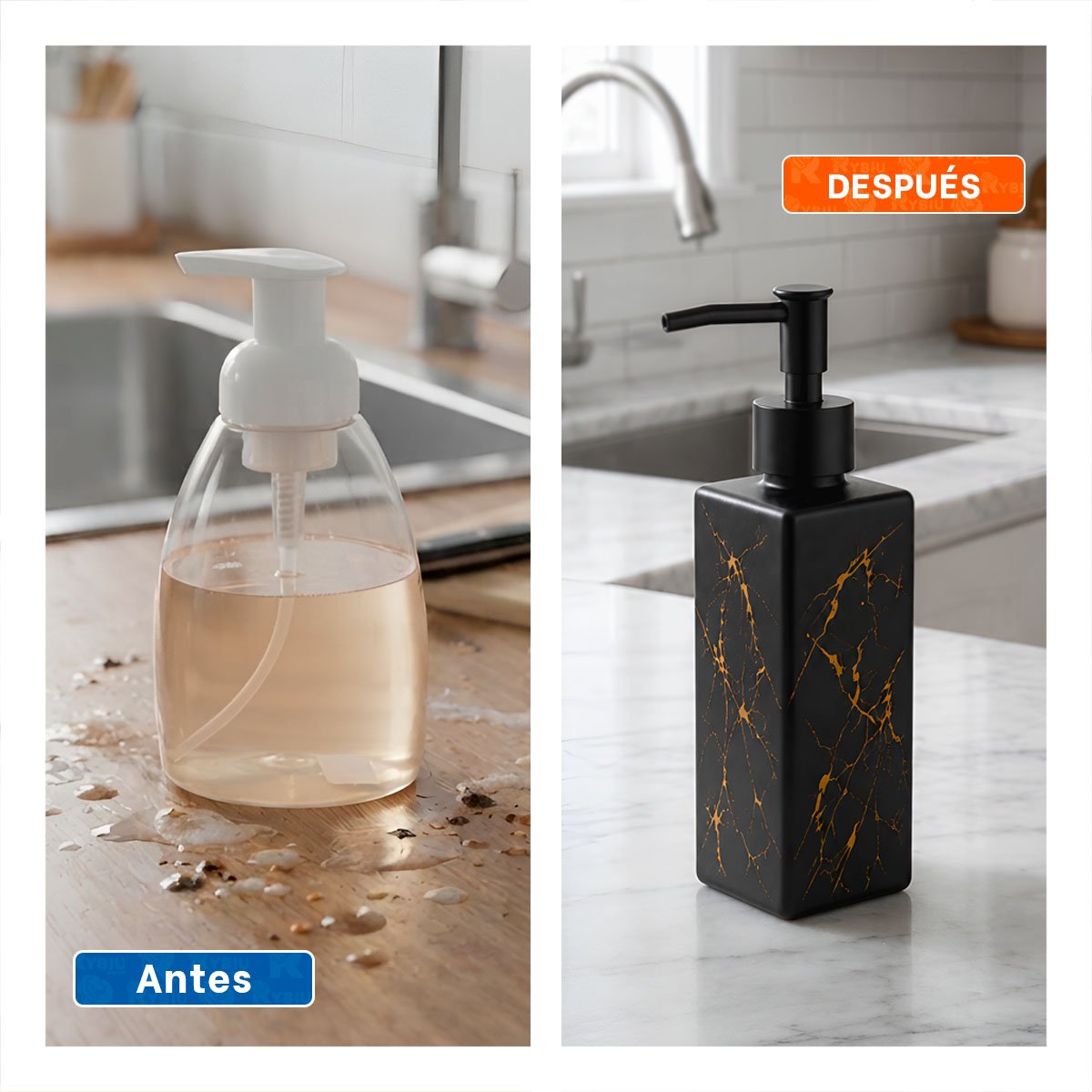 DISPENSADOR DE JABON PARA LAVAMANOS COLOR NEGRO CON DETALLES DORADOS 20,5X5,8 CM Y POST IT - 1
