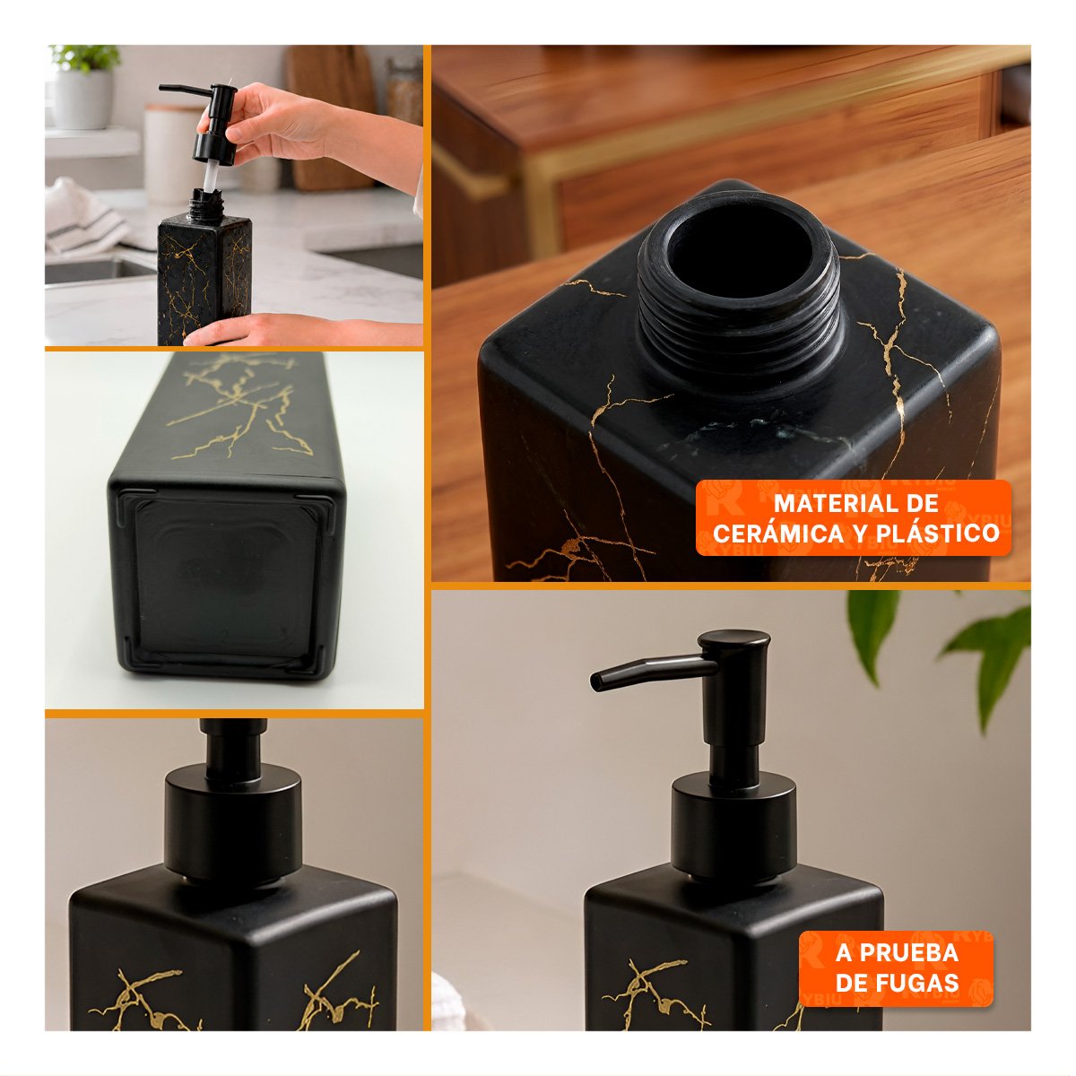 DISPENSADOR DE JABON PARA LAVAMANOS COLOR NEGRO CON DETALLES DORADOS 20,5X5,8 CM Y POST IT - 5