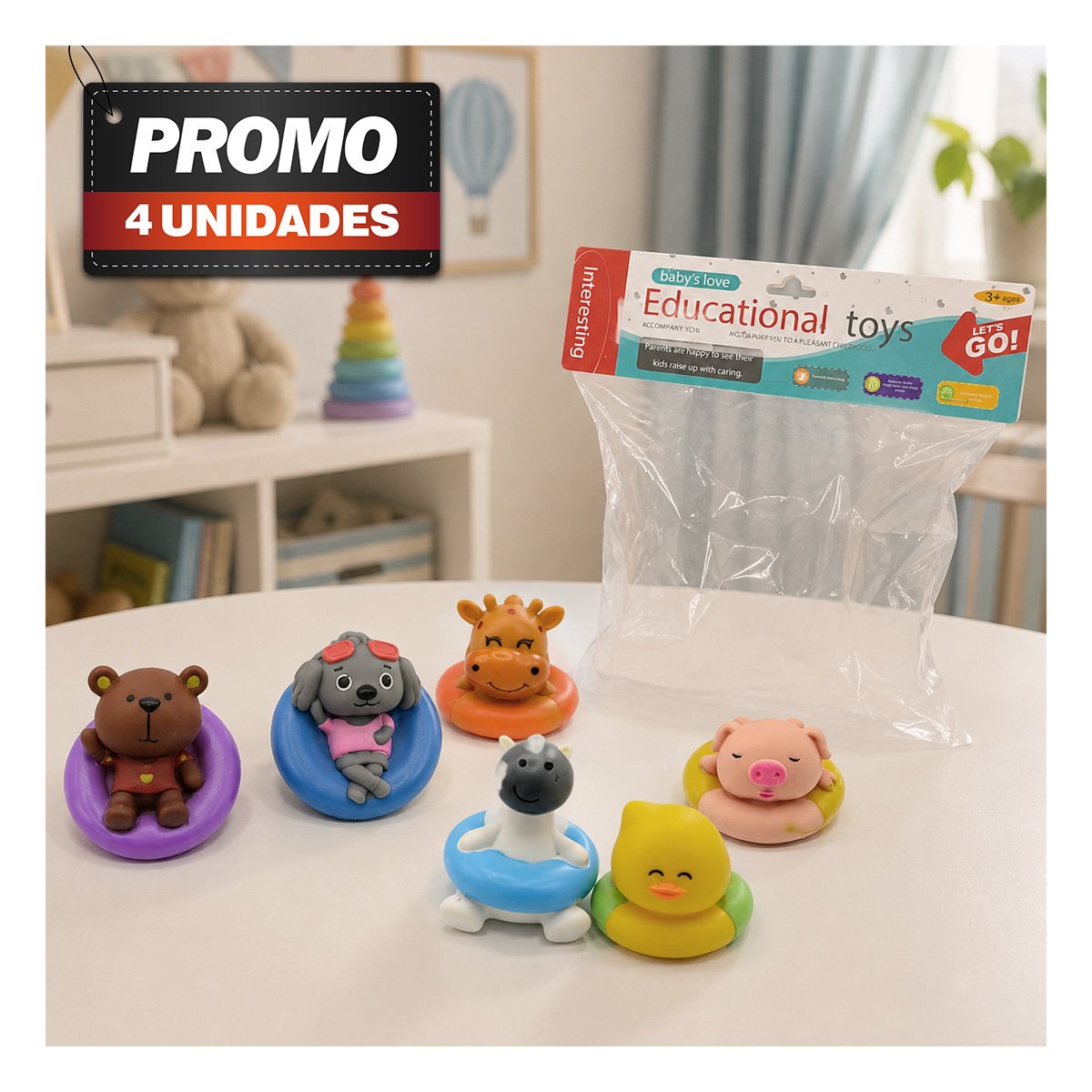 PACK4 SET BOLSA ANIMALES FLOTANTES 6 PIEZAS CHIRRIANTE MULTICOLOR CON UNICO FINO YPAPEL REGALO - 1