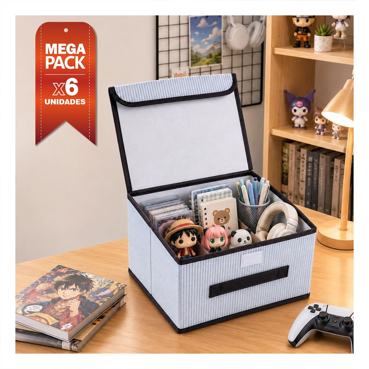 PACK6 ORGANIZADOR DE TELA A RAYAS GUARDAR SABANAS CLOSET CELESTE Y BLANCO YREGALO STICKER - 1