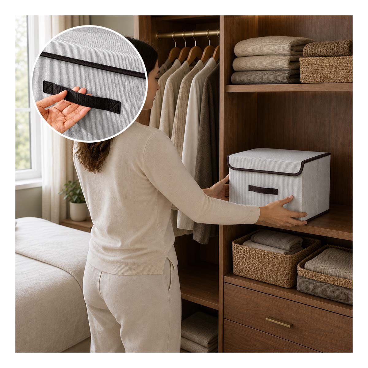 PACK6 ORGANIZADOR DE TELA A RAYAS GUARDAR SABANAS CLOSET CELESTE Y BLANCO YREGALO STICKER - 2