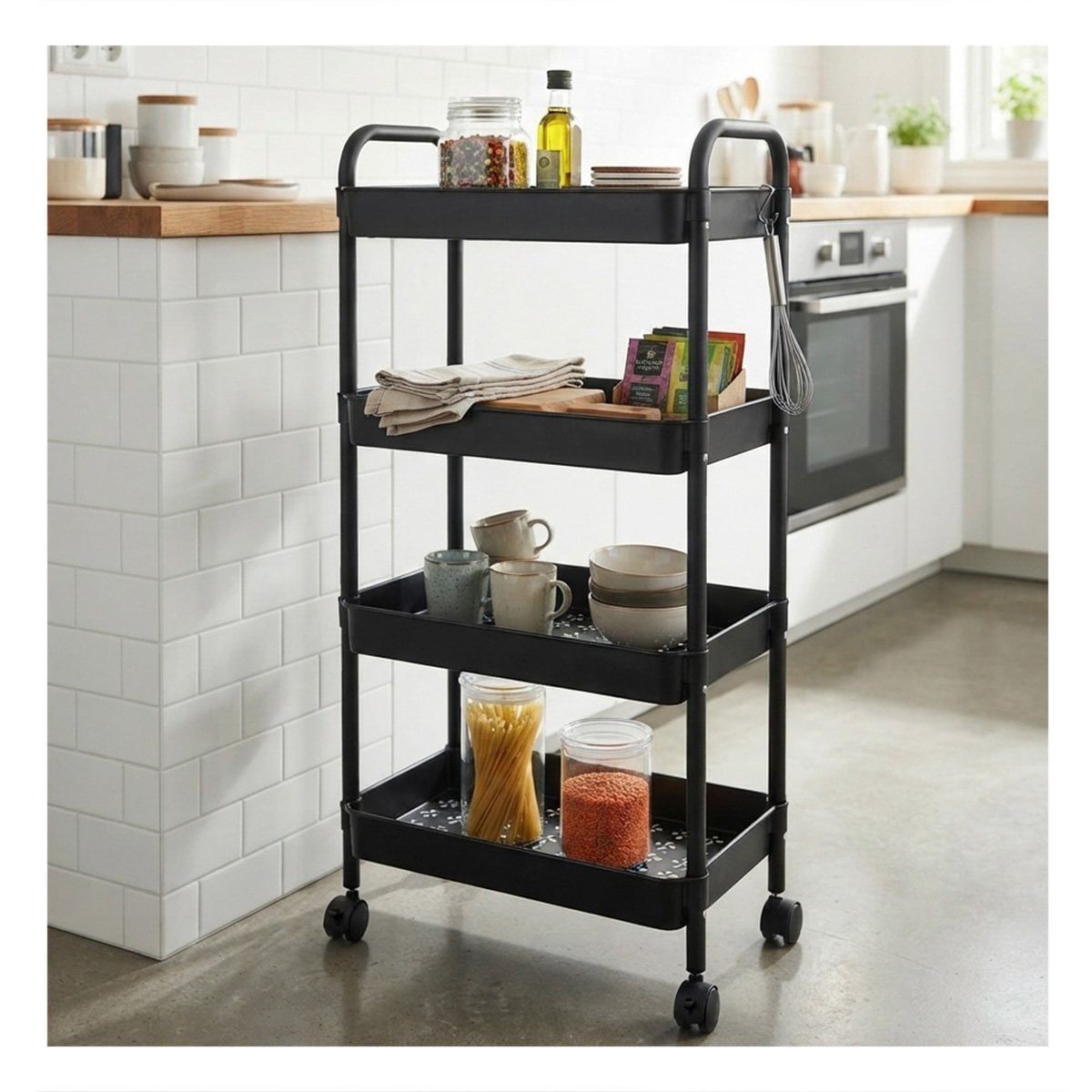 ESTANTE CARRITO ORGANIZADOR DE 4 NIVELES CON RUEDAS PARA LA CASA NEGRO Y LIGAS REGALO - 1
