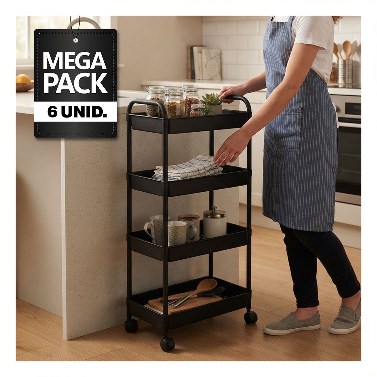 PACK6 CARRO ESTANTE MULTIUSO DE 4 NIVELES CON ASAS DE METAL PARA COCINA NEGRO YPAPEL REGALO - 1