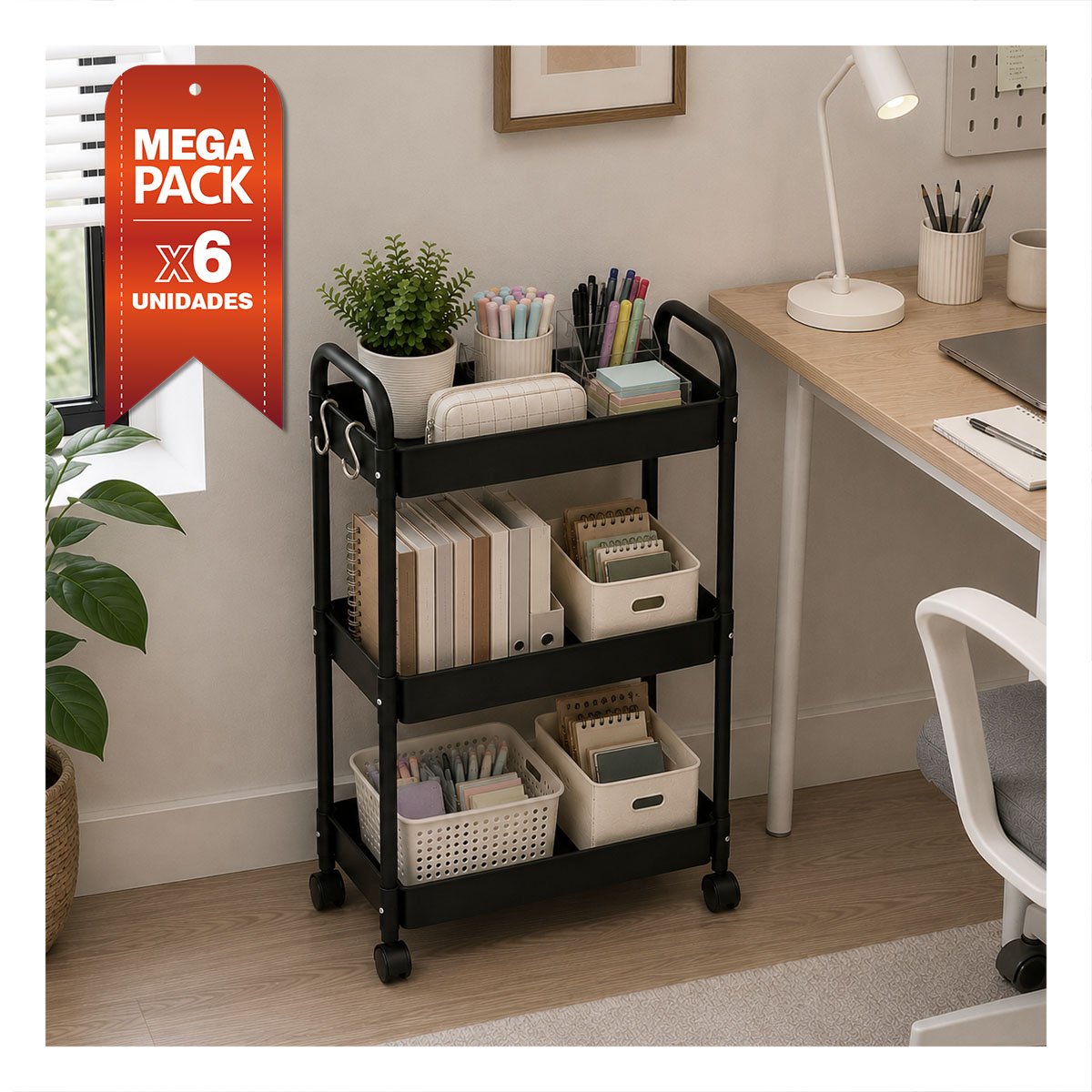 PACK6 CARRITO ESTANTE MULTIUSO DE 3 NIVELES PARA GUARDAR COSAS DEL HOGAR NEGRO YREGALO STICKER - 1
